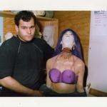 Head off. A hinge at the back of the dummy's neck prevents the head from falling completely off. This is for the scene when Zorro punches her and she malfunctions. 