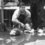 Gabe Bartalos positions the creature just right for the camera. The creature's hand is real and is attached to an actress beneath the floor of the set. 